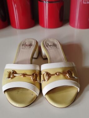 Amalfi Yellow and White Block Heel Slide Mules with Gold Bit